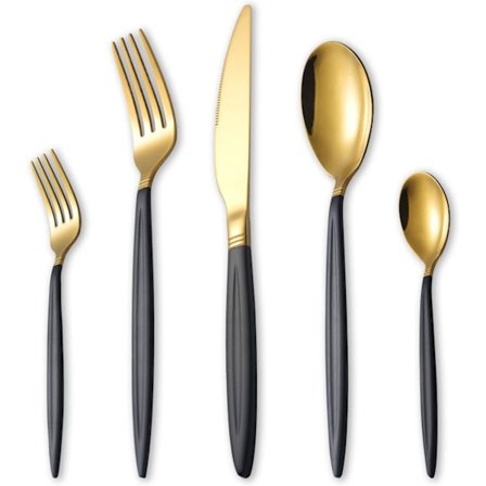 20-delars bestickset i svart och guld, rostfritt stål, titanguldsked och sprayfärg, bestickset, middagsservis för 4 personer, matt svart