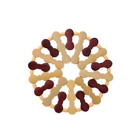 Massivt træ cirkulært puslespil med små, mangeformede brune og beige sammenlåsende brikker, pædagogisk udviklingslegetøj til børn