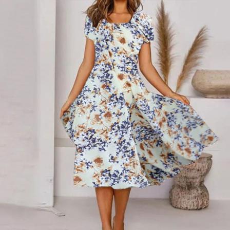 Kvinnor Kortärmad Lång Klänning Crew Neck Summer Beach Sundress