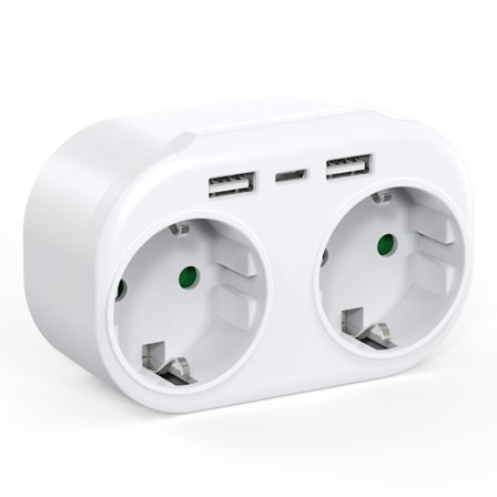 5-i-1 USB-stikkontakt, multistikkontakt med 2 AC-udgange, 1 USB-C og 3 USB-porte, multistikkontakt med to franske stik til soveværelse/køkken/kontor