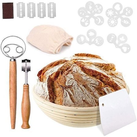 Banneton - Sæt af runde fermenteringskurve på 25 cm - Med bagekit til brød - Unikke stencils til surdejsbageri