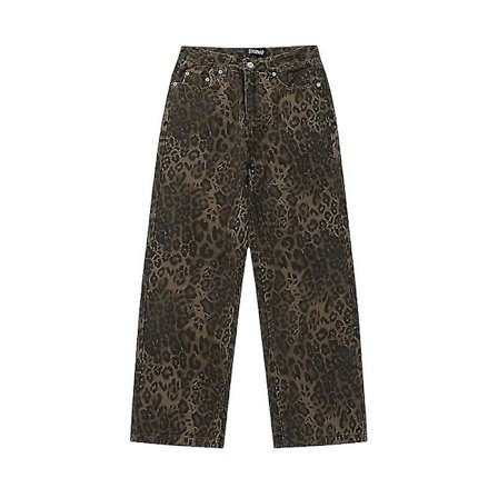 Brun Leopard Jeans Dame Denim Bukser Kvinde Oversize Wide Leg Bukser