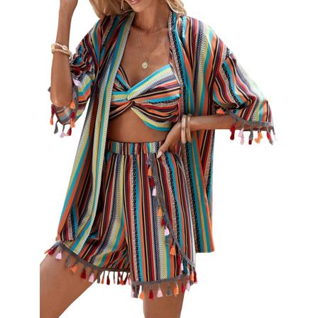 dusa Dam 3-delat set med kortärmad öppen kimono och boho cami-topp och tofsprydda tropiska shorts i grönt, storlek S