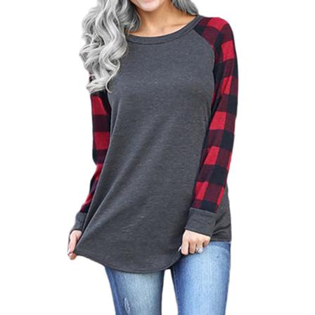 Dam T-shirt Rundhalsad Långärmad Splicing Rutig Casual Topp,