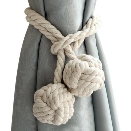 Gardinsnor med 2 bomullskuler, Eko-rep bomullsgardiner, naturlig enkel stil, rom- eller soveromsdekorasjon (beige)