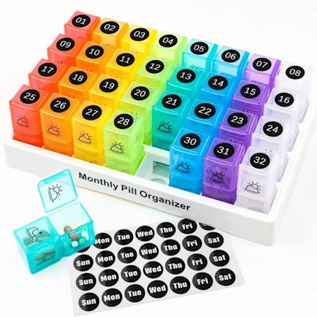 Månedlig pilleæske med 32 aftagelige rum og markeringsetiketter, pilleorganisator to gange om dagen.