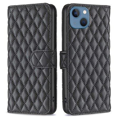 BINFEN COLOR Wallet Case Stand iPhone 13 6.1 inch, BF Style-14 Anti-scratch Imprinted Rhombus Pattern Vegansk Læder Phone Protective Cover Card Holder