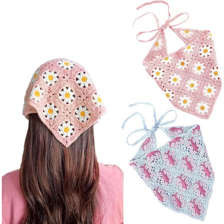 2 stk. Bandana Blomsterhår Tørklæde Boho Hovedtørklæde Vintage Hovedbånd Trekant Hårbånd Håndlavede Hårtilbehør til Piger Kvinder (Pink/Sommerfugl)