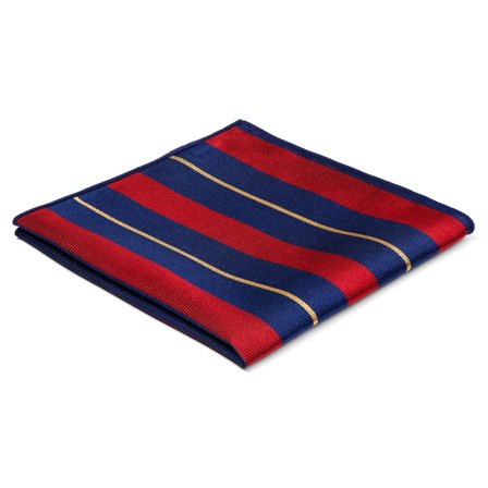 Ciemnogranatowa poszetka jedwabna w czerwono-złote paski dla mężczyzn - Wzorzyste poszetki