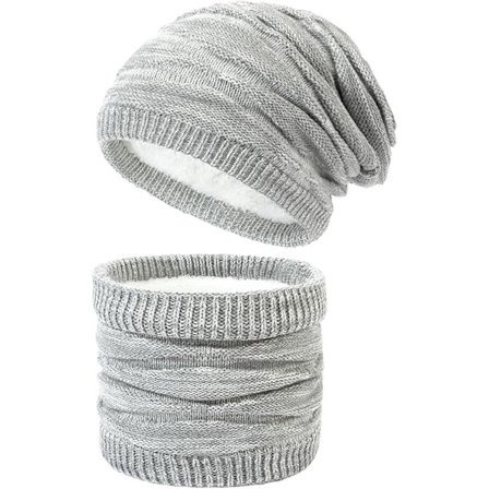 Strikket lue og skjerf for damer, Varm termisk tykk fleeceforet lue med skjerf for utendørs bruk