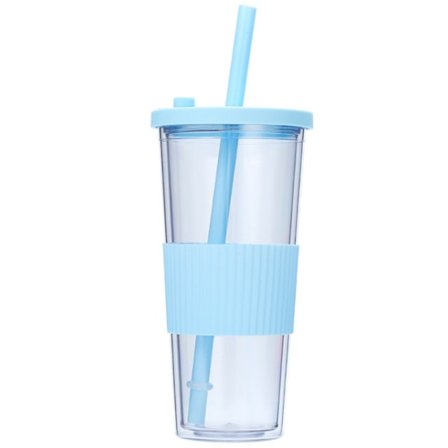 Dubbelväggiga plastglas med lock och sugrör