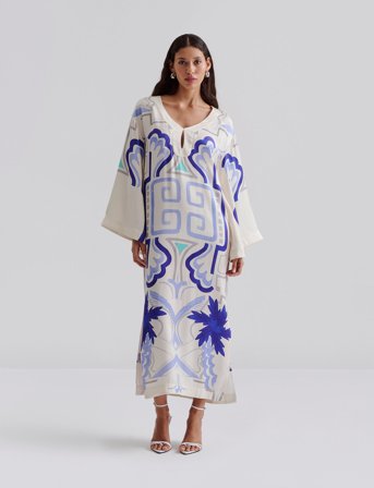Malina Manon Printed Satin Kaftan Dress - Cream - XS