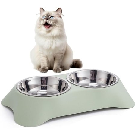 Dobbelt Hundeskål, Skridsikker, Anti-spild, Dobbelt skål lavet af rustfrit stål, Holder vand og mad, Velegnet til killinger, hvalpe og kaniner (Grøn, 