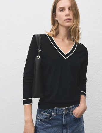 Mango Contrasting V-Neck Sweater - Black - XS