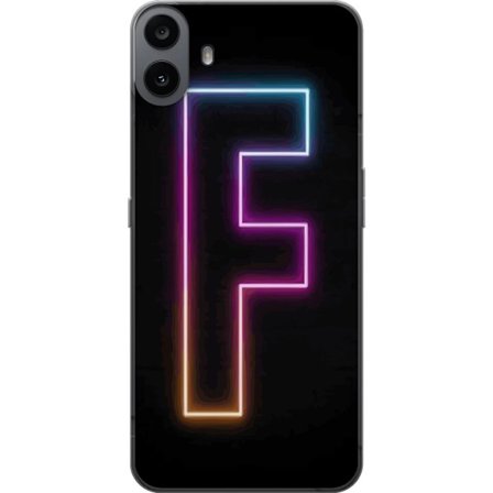 Yhteensopiva Puhelinkuori Nothing Nothing CMF Phone 1 Neonkirjain F vaaleanpunaisella, sinisellä ja keltaisella valokehyksillä tummaa taustaa vasten