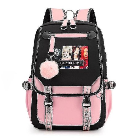 Skolebagg 2022 med USB-lading & hodetelefonport (blackpink) - Blackpink Ryggsekk Laptop Bag