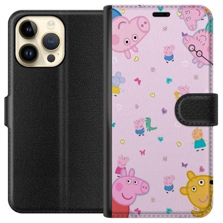 Kompatibel Tegnebogsetui til Apple iPhone 15 Pro Max Peppa Gris med en baby i armene, morgris motiv i farverig og blød børneillustration med hjerter