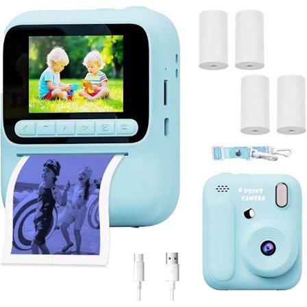 Børne Instant Kamera med 2,4-tommer HD-skærm u0026 4 Foto Papirruller - 1080p Digitalt Selfie Kamera til Børn - Blå - Kompatibel med Fujifilm Instax