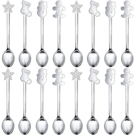 16 styk juleskeer til kaffe, kreative røreskeer i rustfrit stål til suppe og dessert, 4 stilarter (sølv)