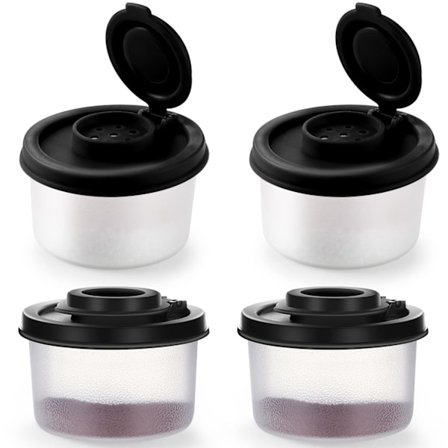 Sæt med 4 salt- og peberbøsser, mini peberbøsser i plastik med låg, fugttætte popcornbeholdere (sort, kompakt)