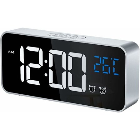 Digitalt vækkeur, LED digitalt vækkeur med temperatur/snooze/2 alarmer/12/24 timer/USB-opladningsport/16 musik (Sølv)