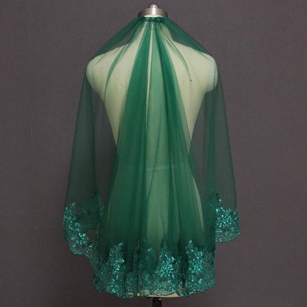 Grønt Kort Bryllupsslør Muslimsk Islamsk Ett Lag Paljetter Blonde Brudeslør med Kam Voile Mariage Brudeslør