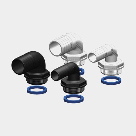 Letkukaratu TruDesign Aquavalve Tails, komposiitti, kulma 90°, 1 1/2" G (BSP) (ulkoinen) 1" (25 mm) letkuun, valkoinen