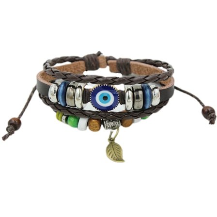 Flätat läderarmband med ont öga, armband med handledsband, armband med flera lager av ögonblad