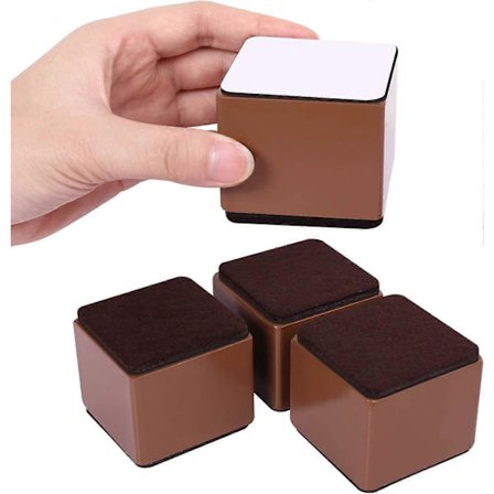 5 cm møbelben, 6 cm lange sengeben, kan heve 5 cm for sofa, seng og garderobe, brun firkant
