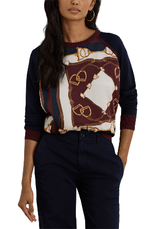 Lauren Ralph Equestrian-Print Cotton-Blend Sweater Stickat Dam Blå M