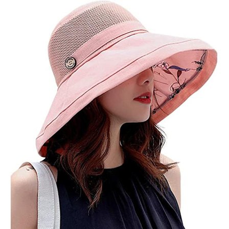 Mesh Solhatte til kvinder - UPF UV-beskyttelse - Pakbar - Bred skygge - Hagebånd(Pink)