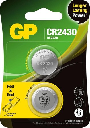 GP Lithium Cell Battery CR2430, 3V, Safety Seal, 2-pack