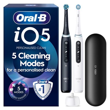 Oral-B iO5 Matt Black/Quite White Duo, 1 Travel - Eltandborste med 5 lägen och trycksensor, duo-pack