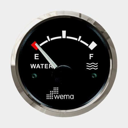 Wema Vatteninstrument 0-190 ohm svart Silverline, marin vattenmätare i rostfritt stål och glas, europeisk standard