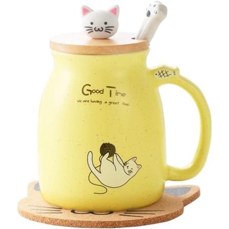 Sød kattekrus i keramik med sødt kattelåg, kattepote ske, kawaii-underkop, kop til morgenkaffe, te, mælk, julekrus, gul