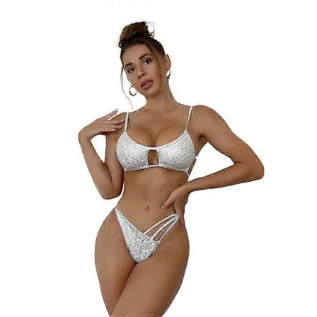 Dame Delt Badedrakt Tanga Komfortabel 2-delt Stroppete Badedrakt Wrap Høy Skåret Strandklær Halter String Bikini Sett Sølv XL