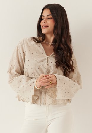 Pieces - Pcarmorine Ls Embroderi Top - Silver Lining - Kläder - - Bubbleroom