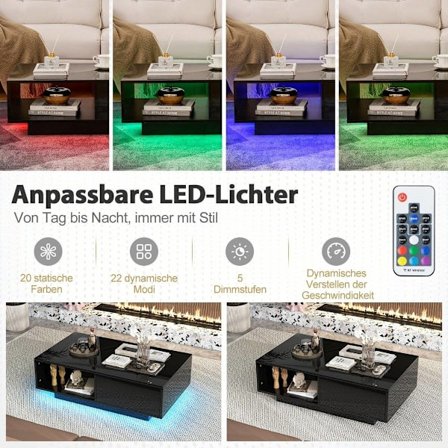 Sohvapöytä LED-valoilla, kaukosäädin, säilytystila, musta, 95x55x31 cm