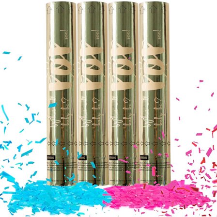 Sett med 4 Konfettikanoner for Kjønnsavsløring (2 Rosa + 2 Blå) - Luftkomprimerte Biologisk Nedbrytbare Tissue Poppers for Baby Shower, 