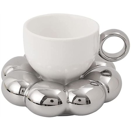Blommig kaffekopp och fat set Söt kopp och fat set Keramisk kaffekopp med fat Solros Latte koppar 6,7 Oz Silver