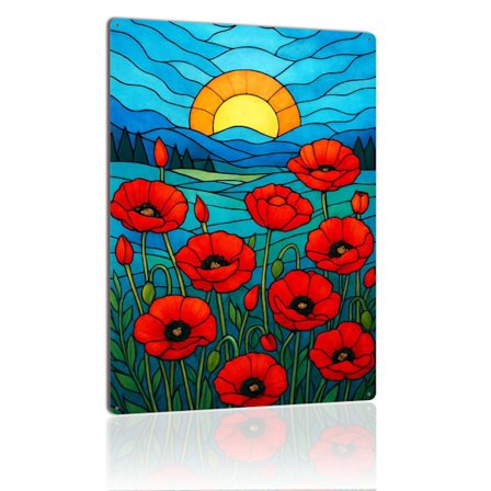 Unikko lasimaalaus metallikyltti punaiset luonnonkukat auringonnousu taide vintage peltikyltti eloisaan luontosisustukseen