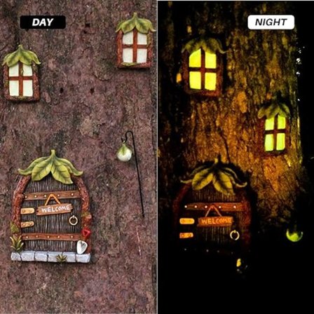 /#/Illuminert miniatyr fe dør og vindu, miniatyrhus vindu og dør, miniatyr GNOME fe dør og tre statuer, fe dør tre hagedekorasjon, glød i mørket/#/