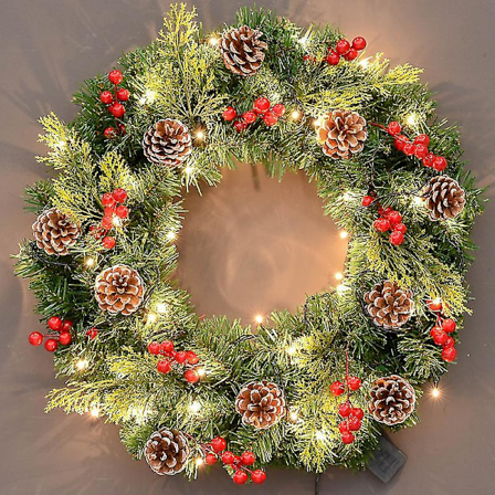 Lysende kunstig julekrans med snefnug, diverse dekorationer og forudinstallerede hvide LED-lys