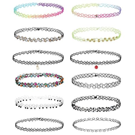 12-osainen choker-kaulakoruketjusetti, joustava henna-tatuointi, 90-luvun juhlakorut lapsille, teini-ikäisille tytöille ja naisille