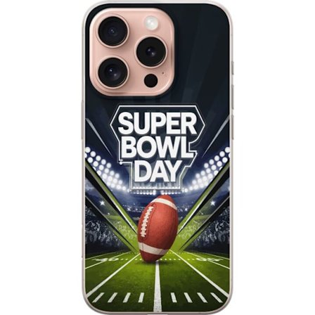 Kompatibelt Mobildeksel til Apple iPhone 16 Pro Super Bowl Day plakat med amerikansk fotball på opplyst arena i dramatisk sportsdesign