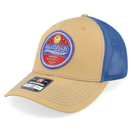 Skillfish - Beige trucker Kasket - Retro Fishing Logo 112 Split Biscuit/True Blue Trucker @ Hatstore