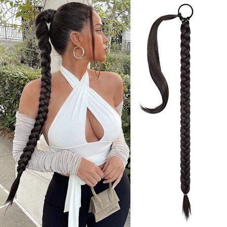 A black, trendy chemical fiber wig, long braid for women