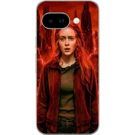Kompatibelt Mobilskal till Google Pixel 9a Porträtt av en ung kvinna med rött hår i en apokalyptisk landskap, röda blixtar och mörka klippformati