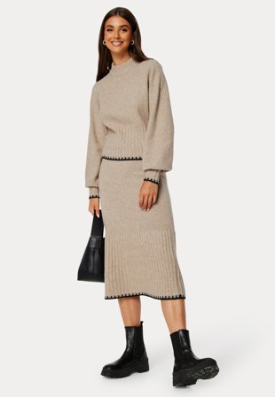 Bubbleroom - Contrast Edge Knitted Skirt - Beige melange - Kläder