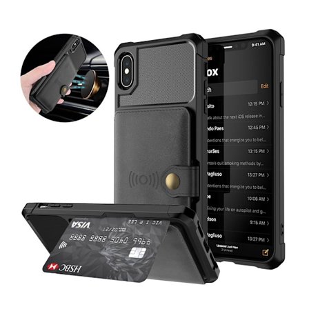 iPhone XS silikonplast mobilskal med syntetläder plånbok och fotstöd - Svart